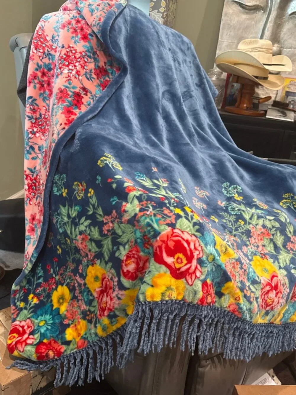 Pioneer Woman Reversible Throw Blanket Blue Red Vtg Floral Flower Lace Trim Soft